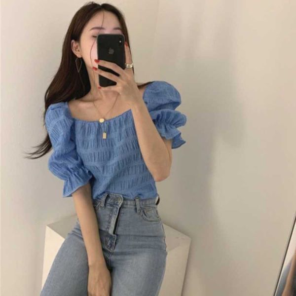 Sexy Back Lace Up Chic Koreanische Sanfte Blaue Aushöhlen Square Neck Puff Sleeve Plissee Bluse Frauen Kurze Mode Tops blusas 210610