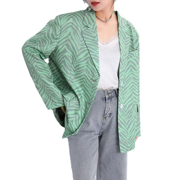 

women's suits & blazers zebra pattern green oversize women elegant lapel long sleeve loose fit jackets fashion spring autumn 2021 women, White;black
