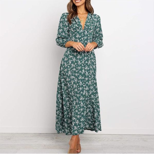 

boho long lantren sleeve flower women dress print elegant summer v neck button vestidos holiday female floral maxi dresses, Black;gray