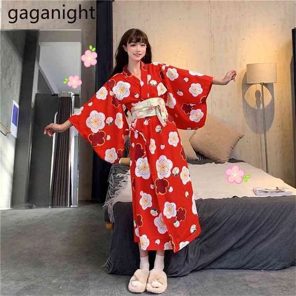 Tatlı Kadın Kimono Çiçek Moda Kızlar Japon Maxi Ev Elbiseleri Uzun Kollu Kiraz Çiçekleri Sakura Vestidos Chic 210601