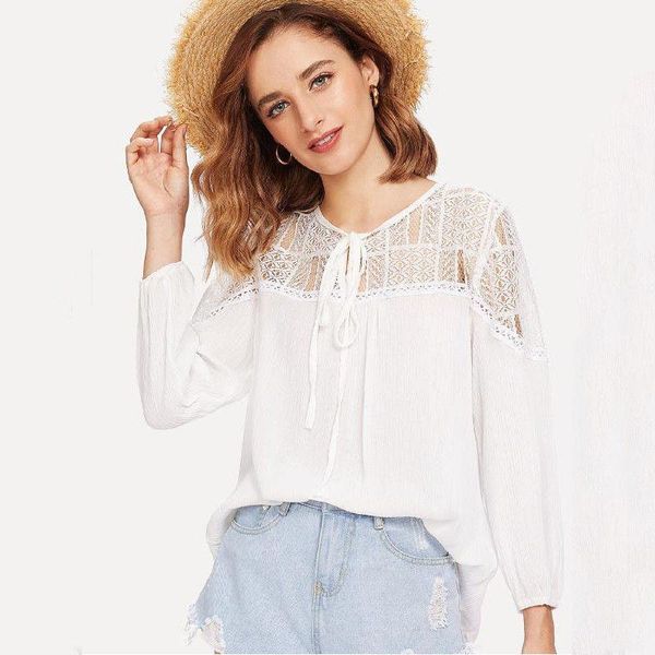 

women's blouses & shirts 2021 arrival women casual o-neck long sleeves lace chiffon spring summer hollow out tie ladies clothing, White