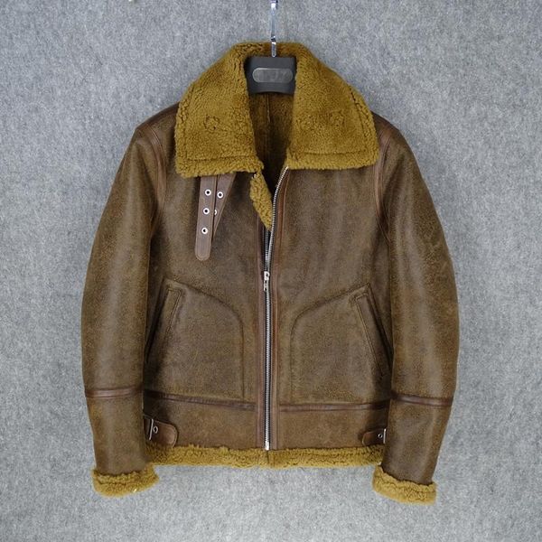 

men's leather & faux 2021 brown men b6 style winter shearling jacket plus size xxxl genuine sheepskin russian thick warm natural coat, Black