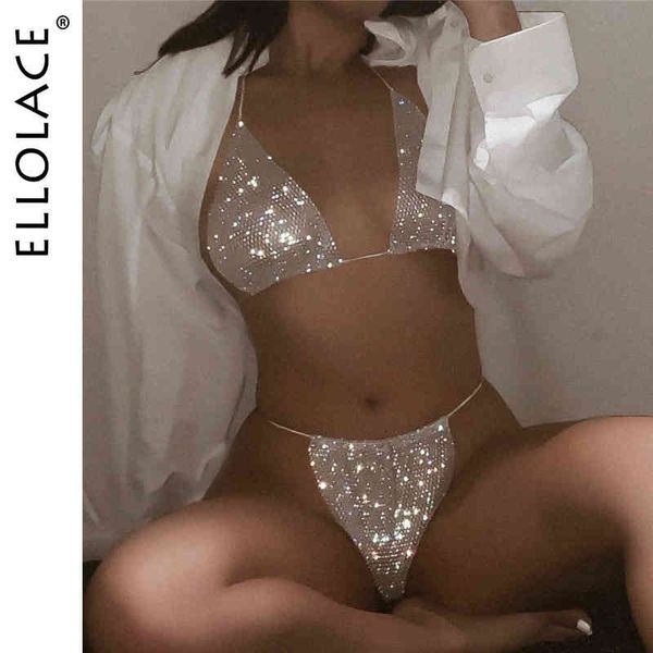 

swimwear ellolace bling rhinestones fishnet bikini women halter bra panty 2 piece outfits lady lingerie set, White;black