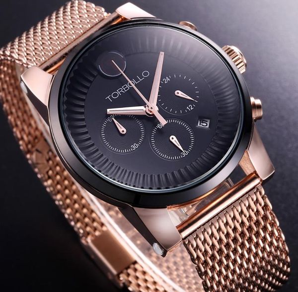 

wristwatches luxury mesh straps mens wrist watch quartz chronograph multifunction rose gold black men water resistant, Slivery;brown