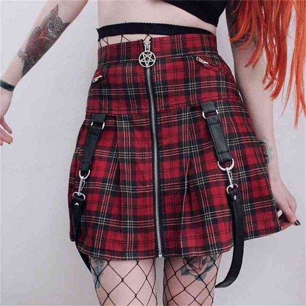 

rosetic women skirts summer black punk rock gothic chic a line high waist plain belt button girls vintage plaid skirts 210412
