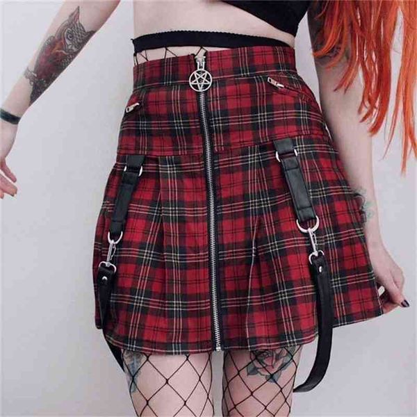 Mulheres roséticas saias verão preto punk rock gótico sexy uma linha alta cintura lisa cinto botão meninas saias xadrez vintage 210412