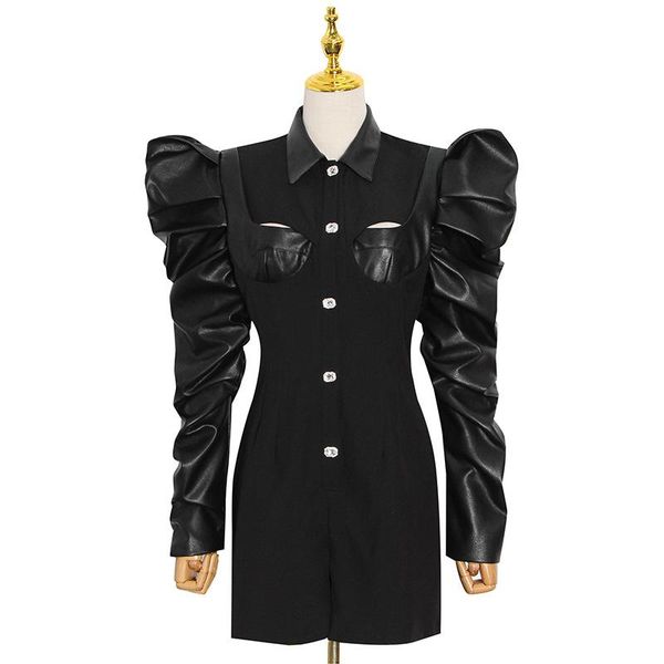 

women's jumpsuits & rompers winter women playsuits turn-down collar patchwork puff sleeve single breasted short casual ladies, Black;white
