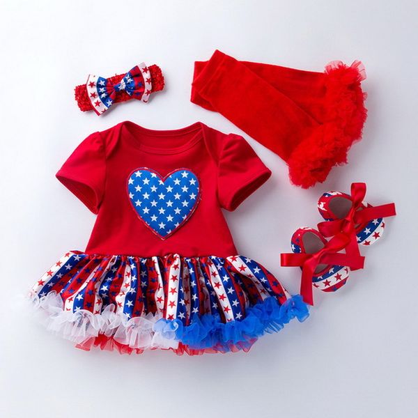 

rompers summer baby girls 4-pcs sets love heart bodysuit + headwear shoes socks outfits children jumpsuit e4011 qb0c, Blue