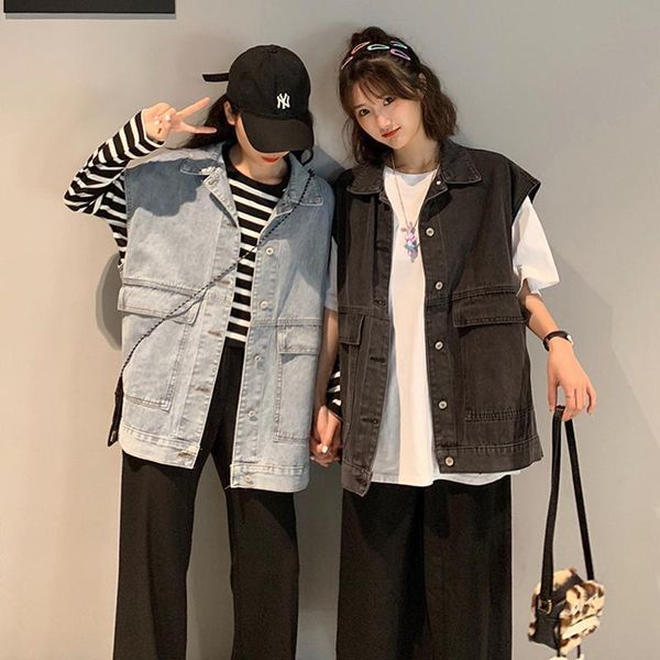 

women's vests basic vintage loose denim vest coat for women streetwear cool jean sleeveless jacket oversize korean big pocket waistcoat, Black;white