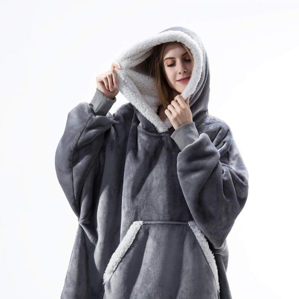 

oversized hoodie blanket with sleeves sweatshirt plaid winter fleece hoody women pocket female hooded sweat oversize femme, Black