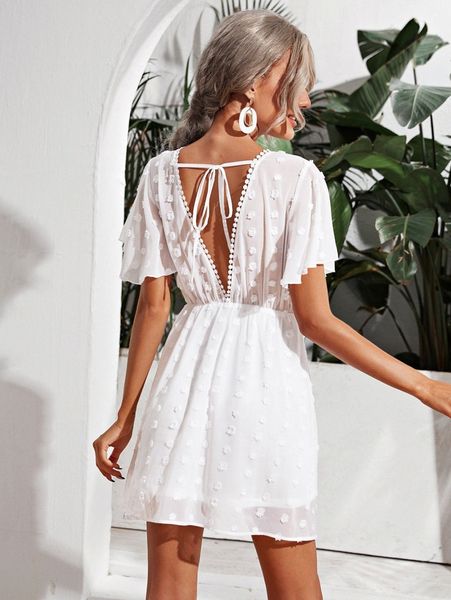 

butterfly sleeve tie back swiss dot dress 37lz#, Black;gray