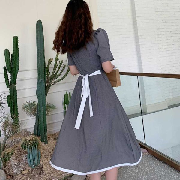 

summer korean chic elegant plaid o-neck puff sleeve women's casual fashion mid-calf a-line dress 210526, Black;gray