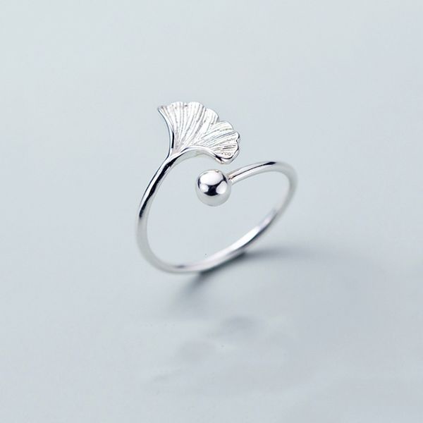

literature and art ginkgo leaf s925 pure silver female korean primary school student's temperament simple personality opening ring, Black