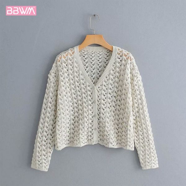 

v-neck long sleeve hollow texture knit single-breasted chic women's sweater harajuku korean sunscreen female sweater 210507, White;black