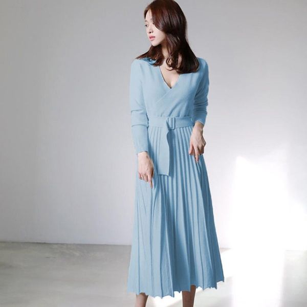 

casual dresses autumn winter vestidos v neck belt dress women clothing knitting long sleeve thicken sweater re2502, Black;gray