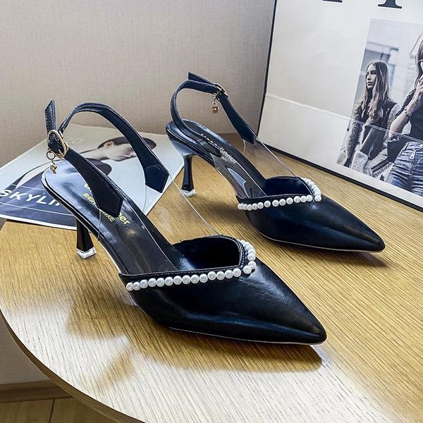 

sandals pearl comfort shoes for women suit female beige 2021 summer high heels pointed low fashion black retro