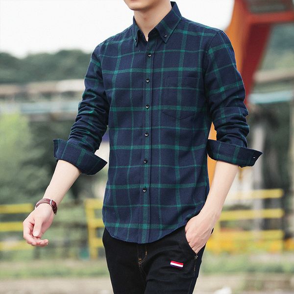 

2021 spring men's Long Sleeve Shirt Plaid Korean slim casual trend inch shirt top, White;black