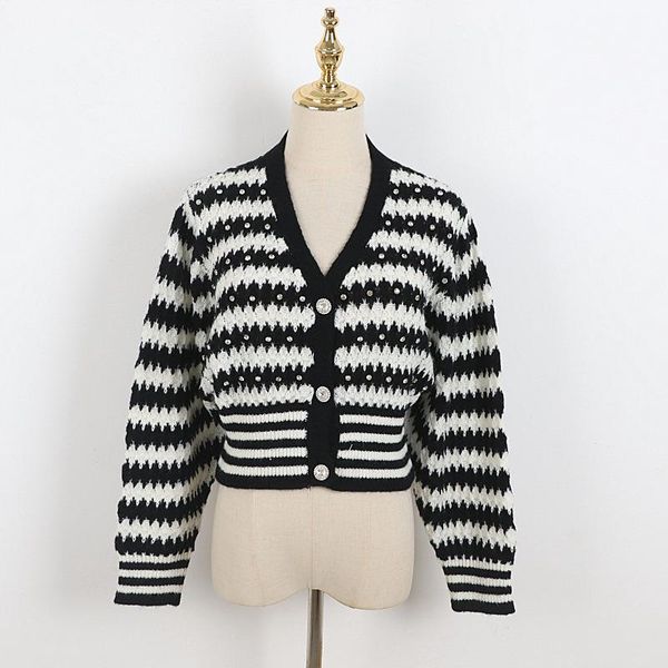 

women's knits & tees women striped knit sweater runway cardigan cropped long sleeve v-neck sea horse hair warm shirt high street fashio, White