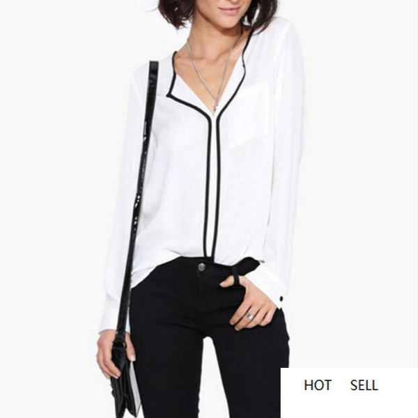 

v-neck work shirts women summer style fashion womens casual white shirt long sleeve black side chiffon blouse