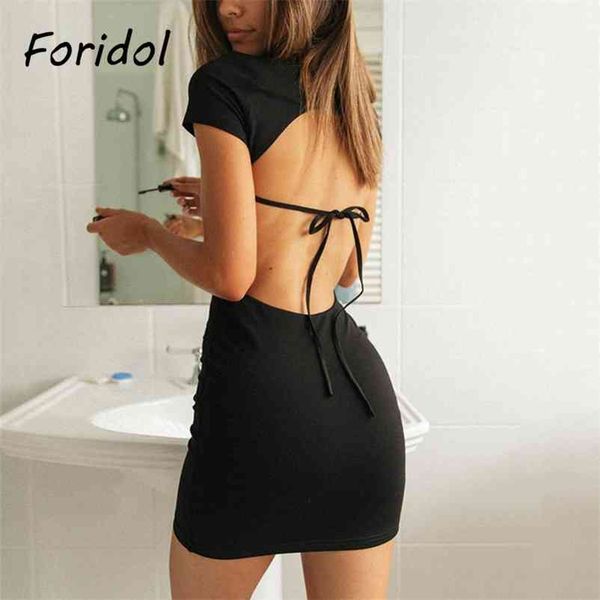 

foridol black lace up backless bodycon dress women party club mini dress summer short sleeve vestido de mujer 210415, Black;gray