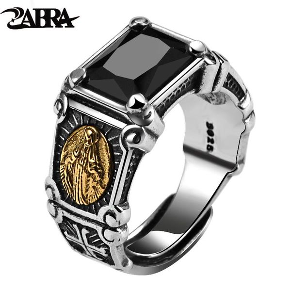 

cluster rings zabra vintage real 925 sterling silver black stone ring man women virgin mary cubic zirconia onyx jewelry open size, Golden;silver