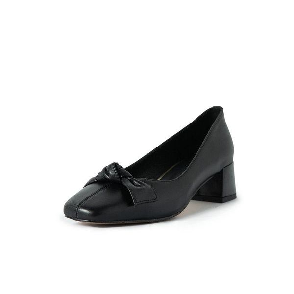 

dress shoes slip on women genuine leather square heels pumps elegant concise basic working woman fashion, Black