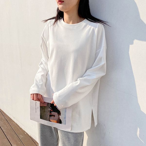 

women's t-shirt round collar split loose long sleeve woman t-shirts winter soft warm casual solid color pullovers simple basic top, White