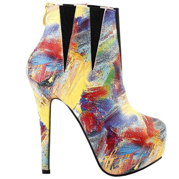

yellow modern-looking colorful abstract painting platform stiletto ankle boots dress shoes, Black