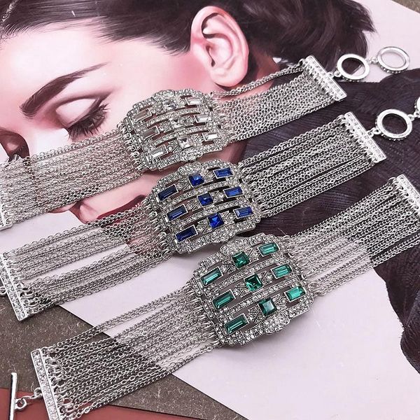 

charm bracelets wide blue green crystal stones multi chains bracelet for women party wedding jewelry, Golden;silver