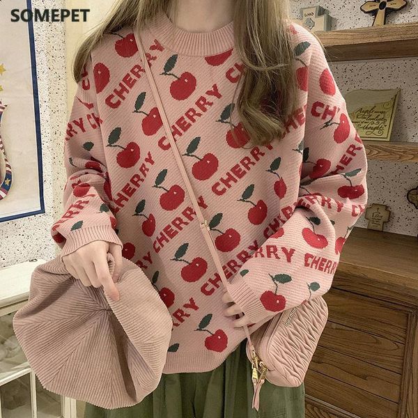 

women's kawaii sweater autumn loose long sleeve knitting sweet pullovers female korean cherry printed harajuku sweaters, White;black