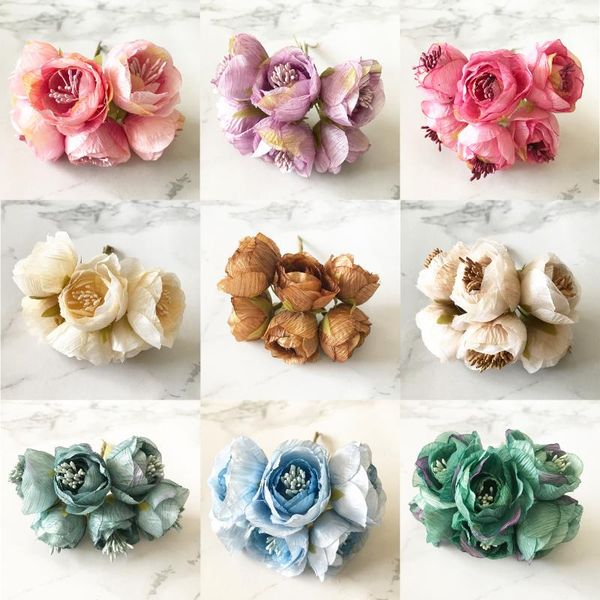 

6pcs silk small tea buds roses bouquet artificial flowers for home wedding decoration accessories diy gifts christmas garlands decorative &
