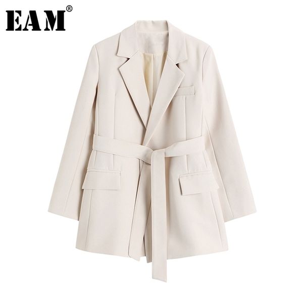 

[eam] women apricot brief bandage leisure blazer lapel long sleeve loose fit jacket fashion spring autumn 1x791 211006, White;black
