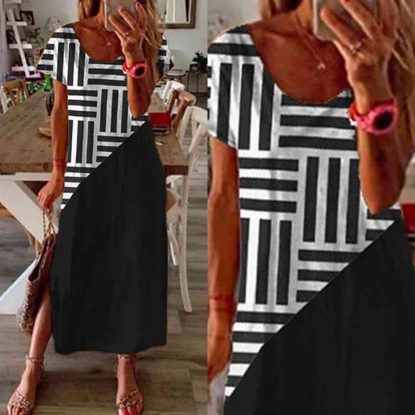 

Boutique Dress 2021 Women' Stripe Stitching Fashion with Split Hem, Black