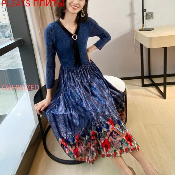 

miyake pleated gold velvet dress autumn fashion slim temperament large size printed dresses vestidos pleats shein casual, Black;gray