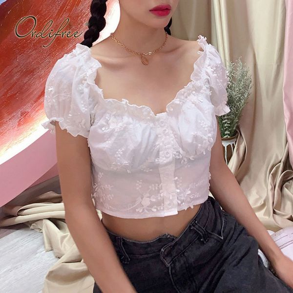 

summer short sleeve embroidery white lace blouse shirt 210415