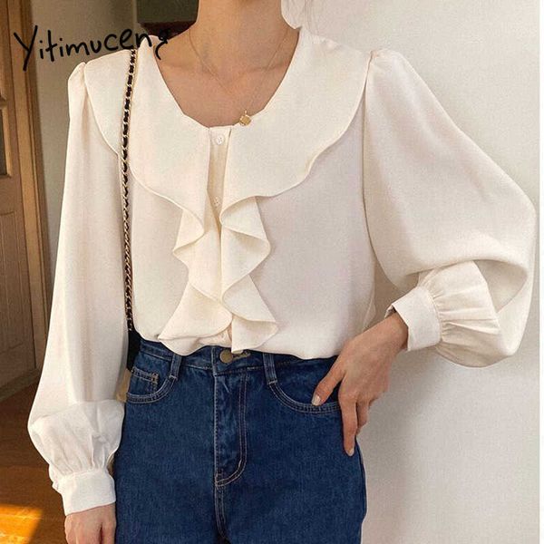 

yitimuceng white blouse woman ruffles loose office lady chiffon casual korean fashion long puff sleeve spring summer 210601