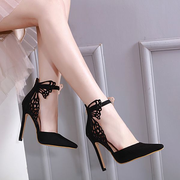 

sandals butterfly bow 2021 fashion pointed toe women 12cm super high heels stiletto ankle strap pumps suede elegant he85, Black