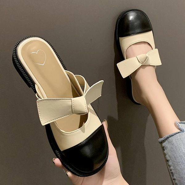 

slippers summer retro design women platform square heel bow-tied outdoor round toe mules fashion casual shoes ladies female 2021, Black
