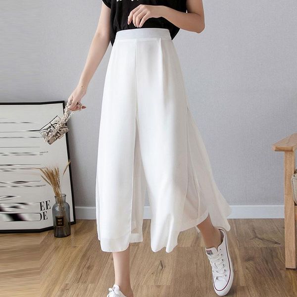 

women's pants & capris korean 2021 high waist summer long chiffon culottes female loose wide leg casual trousers, Black;white