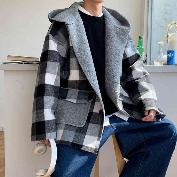 

men's jackets lamb fur jacket warm fashion retro casual hooded short coat men streetwear loose thick plaid mens parker clothes ytz, Black;brown