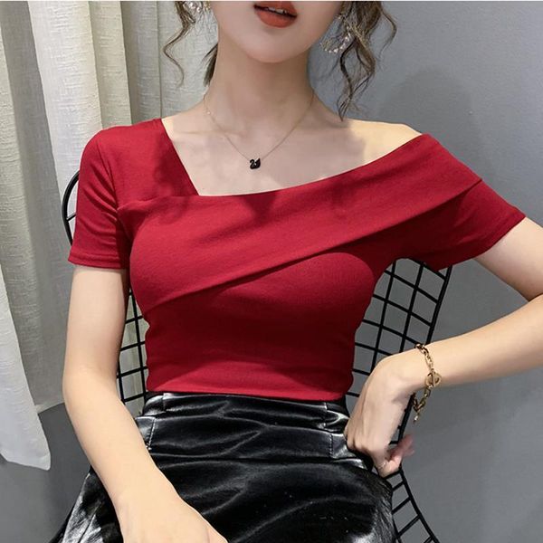 

slash neck off shoulder cotton women t shirts elasticity casual short sleeve, White