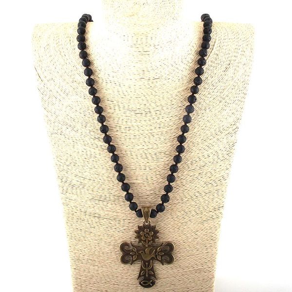 

pendant necklaces fashion bohemian tribal jewelry multi lava stones long knotted metal flower bird cross women ethnic necklace, Silver