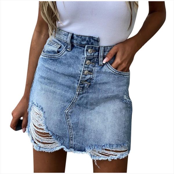 

summer blue solid denim casual womens skirts high waist pocket hole button retro short jeans, Black