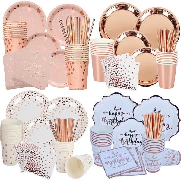 

disposable dinnerware rose gold plates cups tablecoth straw napkins birthday party decoration anniversary event supplies wedding table decor