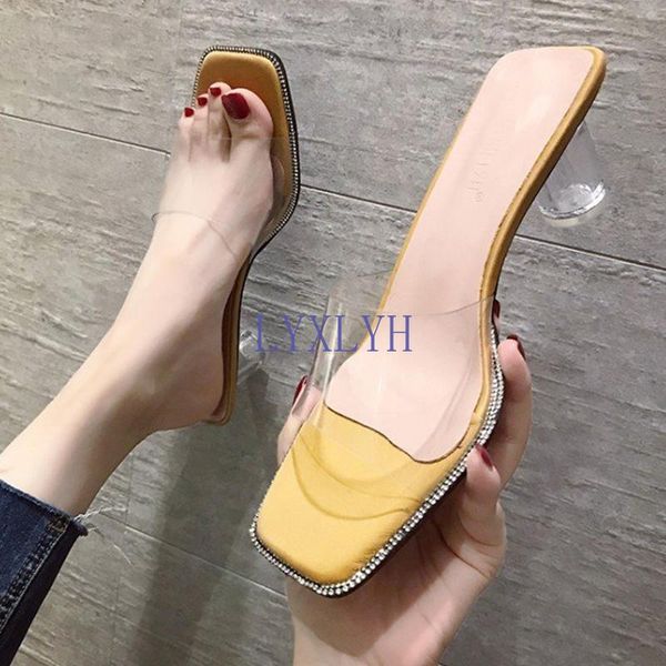

net celebrity crystal slip on clear round high heels shoes women sandals open toe slingback transparent band woman pumps 2021 dress, Black