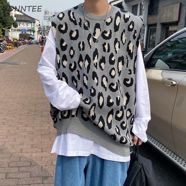 

men's vests sweater vest men o-neck sleeveless leopard pattern all-match couples vintage harajuku japan style high street ins, Black;white