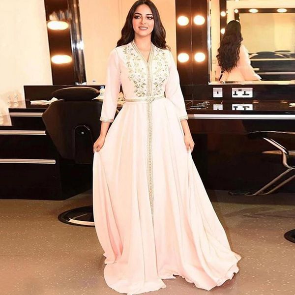 

moroccan kaftan long sleeves evening dresses with pearl embroidery sweep train chiffon arabic formal prom gowns, Black;red