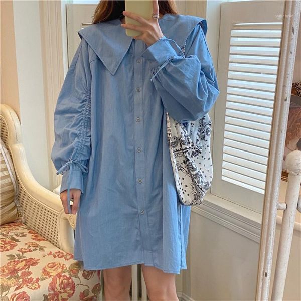 

casual dresses large lapel navy collar drawstring pleated sleeve loose doll denim dress japanese long short female, Black;gray