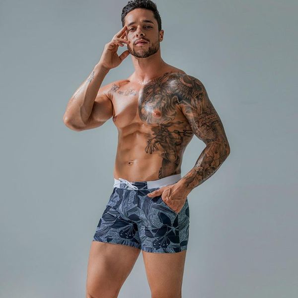 

men's swimwear summer swimsuit men printing flowers drawstring swimming trunks with pocket beach surffing running gay