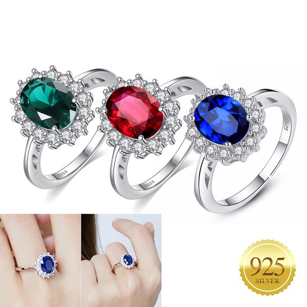 

925 sterling silver wedding ring princess diana kate middleton created class gemstone birthstone ruby sapphire emerald halo statement engage, Slivery;golden